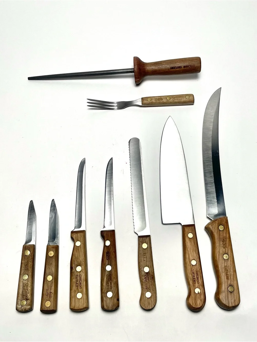 Vintage Chicago Cutlery 10 Piece Kitchen Knife, Fork & Block Set Walnut USA